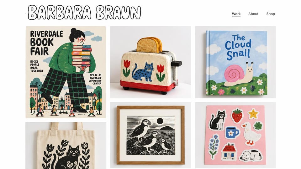 Artist website design, illustrated prints and goods: white page, a hand-drawn outline name above a grid of colorful posters, a linocut print, a tote and stickers
