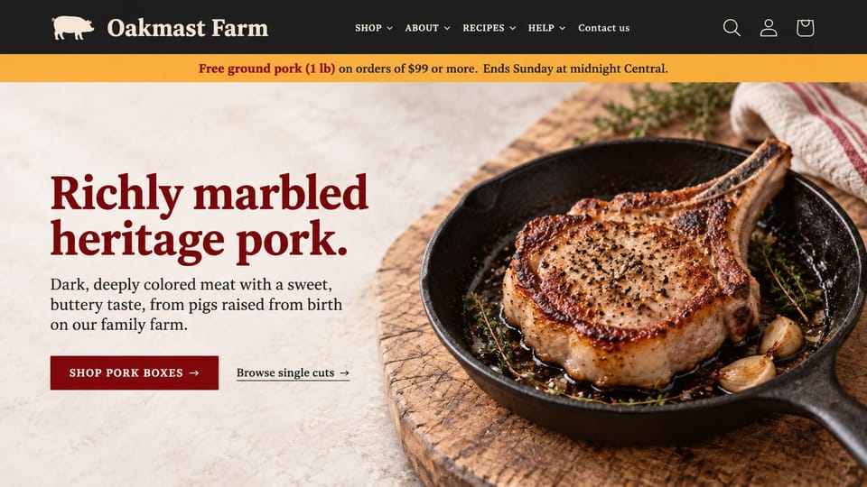 Farm website design, meat farm shop with a skillet close-up: white page, orange promo bar, heavy dark red serif headline, a heritage pork chop in a cast iron skillet, red shop button