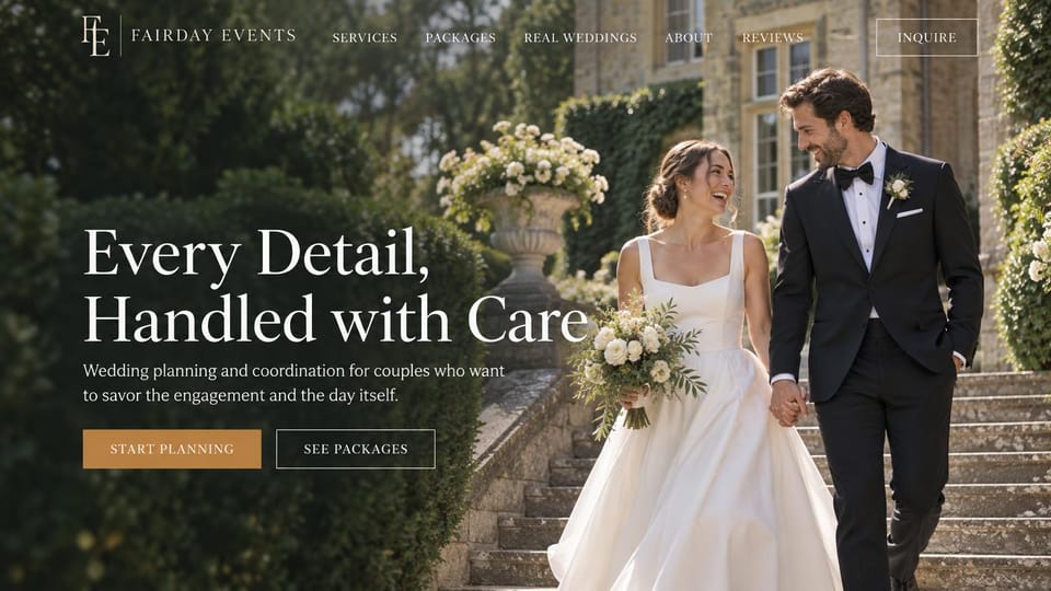 Wedding planner website design, planning and coordination with packages up front: photo of a couple walking down manor garden steps with roses, white serif headline, gold and outlined buttons