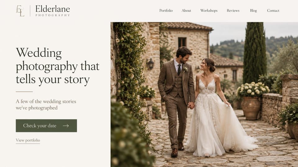 Wedding photographer website design, storytelling wedding photographer in an old village: warm off-white left side with a dark serif headline and an olive button, a couple walking a cobbled lane past stone houses and cypress trees