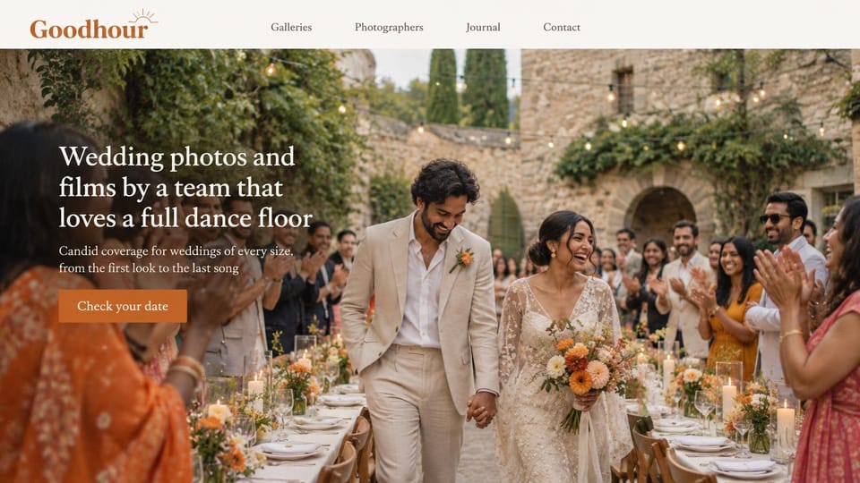 Wedding photographer website design, wedding photo and film team, warm and candid: cream top bar with an orange serif logo, a couple walking between clapping guests and candlelit tables in a stone courtyard, white serif headline, orange button