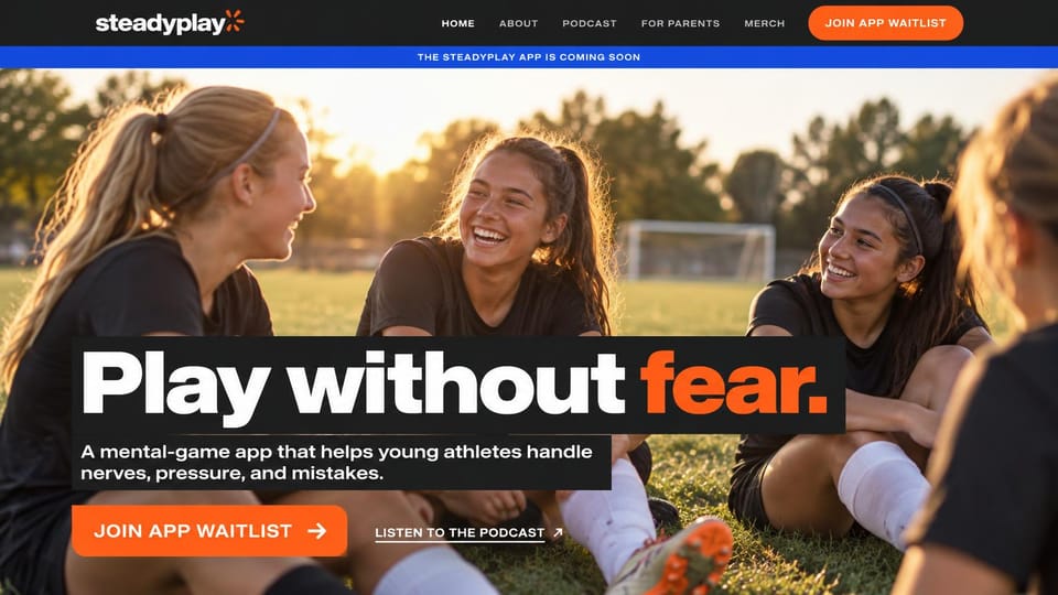 Coming soon website design, youth sports app waitlist with a team photo: dark menu bar above a blue coming soon strip, a sunset photo of teenage girls laughing on a soccer field, huge white and orange headline, orange waitlist button