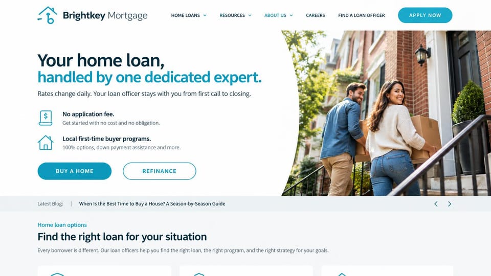 Mortgage website design, first-time buyers with one dedicated loan officer: white page with teal accents, a two-tone headline, a curved photo of a couple carrying boxes up brick steps