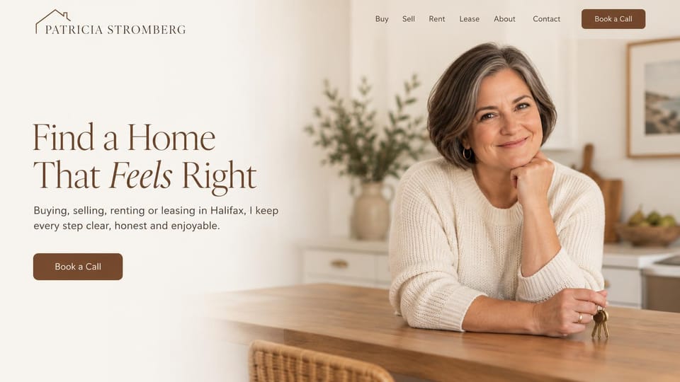 Real estate website design, solo agent with a warm kitchen portrait: cream page, a large serif headline in charcoal with one italic word, an agent smiling at a kitchen table