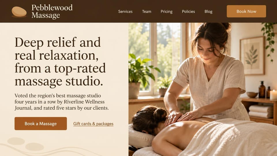 Massage therapist website design, relief and relaxation studio in cream and brown: dark brown menu bar, a cream panel with a dark serif headline and amber button, and a sunlit photo of a therapist massaging a client's back