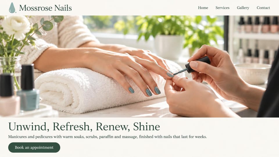 Nail salon website design, spa-style manicures and pedicures in sage: cream page, a sunlit photo of a tech painting sage polish, a dark green serif headline below, a green button
