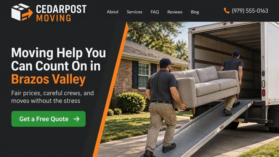 Moving company website design, local home movers with an orange diagonal: charcoal page, a white and orange headline, a green quote button, a photo edged by an orange diagonal of two movers carrying a gray sofa up a ramp into a truck