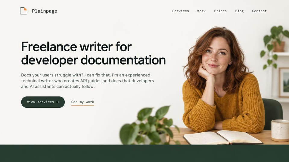 Writer website design, developer documentation writer: warm white page, a bold black headline, monospace menu and buttons, a woman in a mustard sweater at a desk