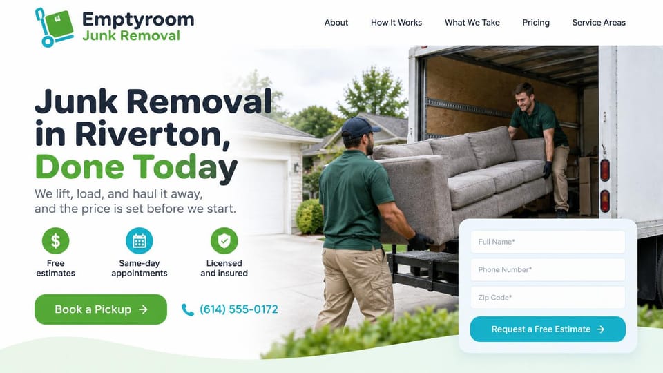 Junk removal website design, same-day junk removal with trust icons and a form: white page, a navy and green headline, round icons for estimates, same-day visits and insurance, a green button, two crew members in green polos loading a sofa into a truck, a white form card