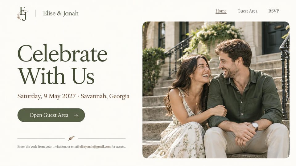 Wedding website design, simple wedding with one guest button: ivory page, oversized olive serif headline beside a rounded photo of a couple laughing on steps