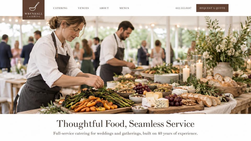 Catering website design, wedding catering with a grazing table: white page, a brown logo block, caterers arranging a grazing table under an event tent and a dark serif headline below