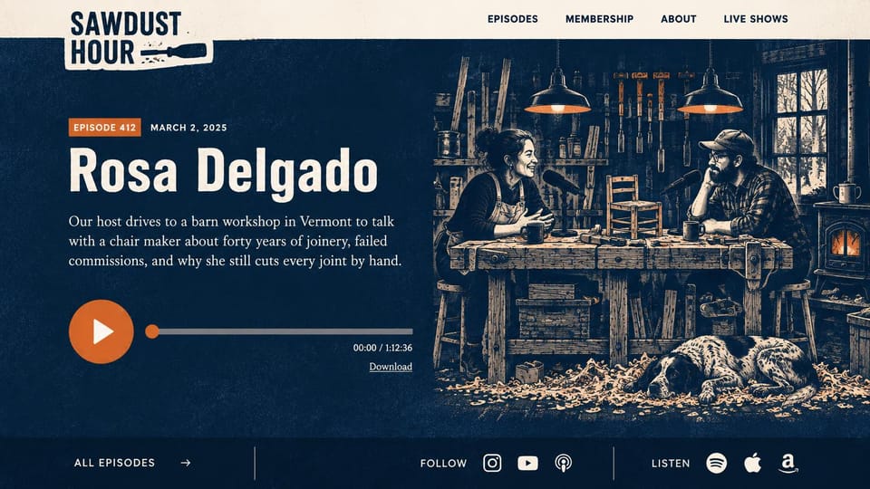 Podcast website design, woodworking interviews with a woodcut look: navy illustration of two people at a workbench in a barn, an orange play button and a cream headline