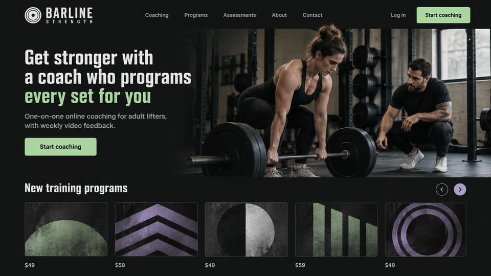 Personal trainer website design, online programming with priced program cards: black page, a large white and pale green condensed headline, a green coaching button, a woman deadlifting while a bearded coach crouches, a row of program cards with prices