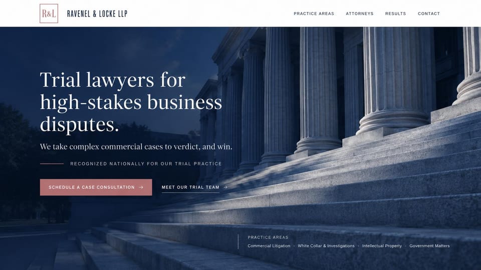 Law firm website design, commercial litigation under columns: courthouse columns in navy with muted rose accents and practice areas along the bottom