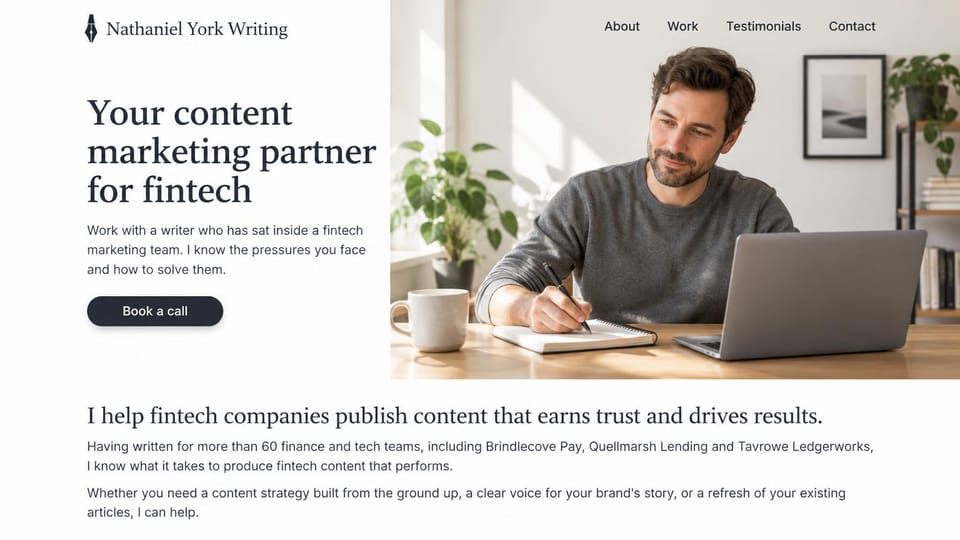 Writer website design, fintech content writer with an about paragraph: white page, a dark serif headline, a navy call button and a photo of a man writing beside a laptop, with an intro paragraph below