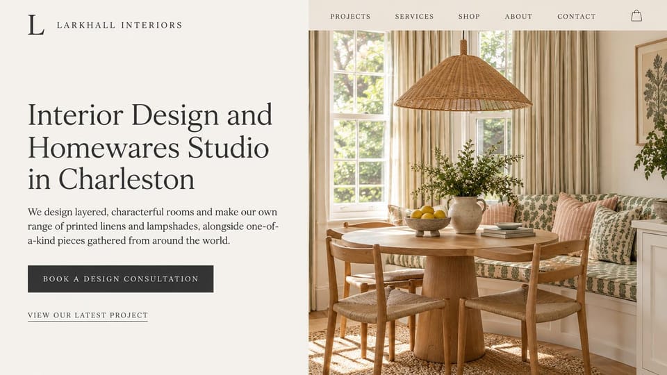 Interior design website design, design studio with its own homewares shop: cream panel with a dark serif headline and charcoal button beside a sunlit breakfast nook with a woven pendant, green block-print banquette and rush chairs