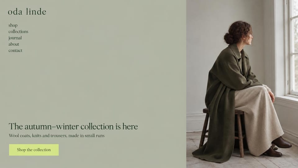 Fashion website design, womenswear with a vertical menu on a sage panel: sage left panel with a lowercase logo, a vertical menu, a headline at the bottom and a chartreuse button beside a woman in an olive wool coat on a stool by a window