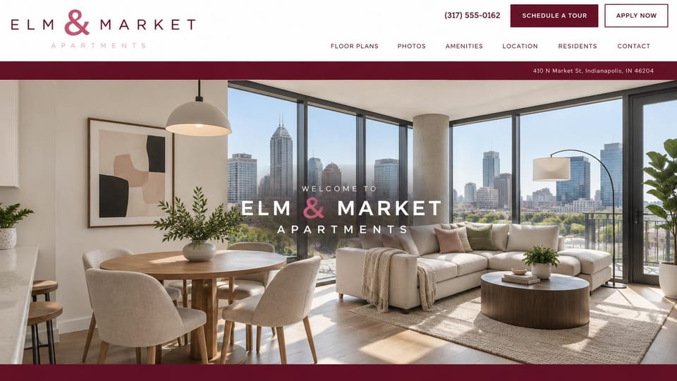 Apartment website design, skyline apartments with a centered welcome: white header with a spaced wordmark and a rose ampersand, a burgundy address bar, a bright corner living room with a downtown skyline, centered white welcome text