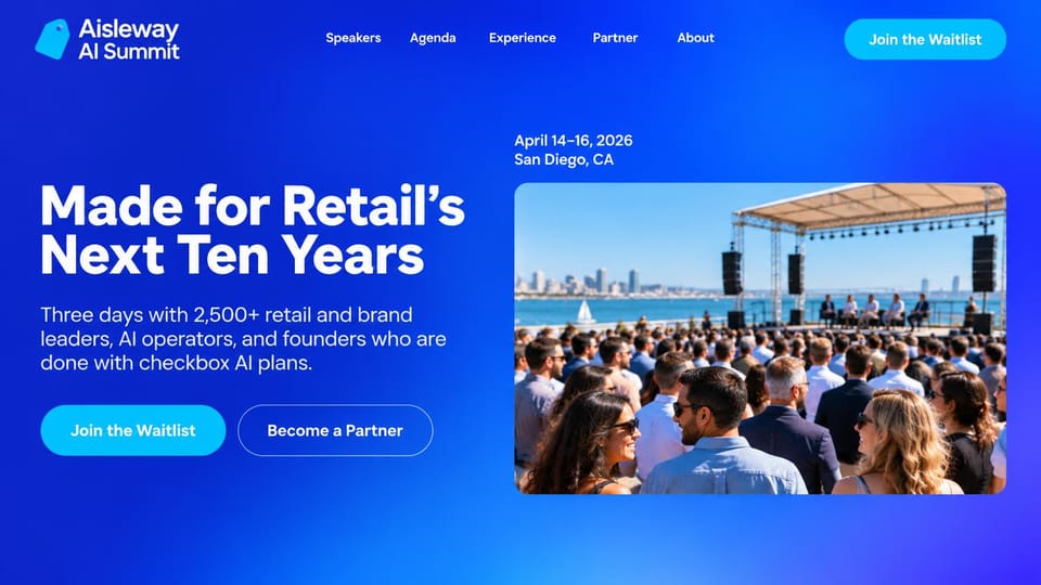 Event website design, retail AI summit with a waterfront stage photo: vivid blue gradient page, a bold white headline, cyan waitlist and outlined partner buttons and a framed photo of a crowd before an outdoor waterfront stage