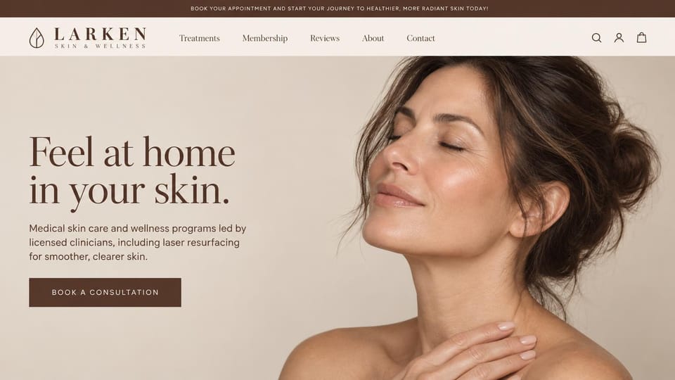 Spa website design, medical skin care with a serene portrait: brown top bar, cream menu with a leaf logo, a woman with glowing skin and closed eyes on a beige backdrop, large brown serif headline and brown button