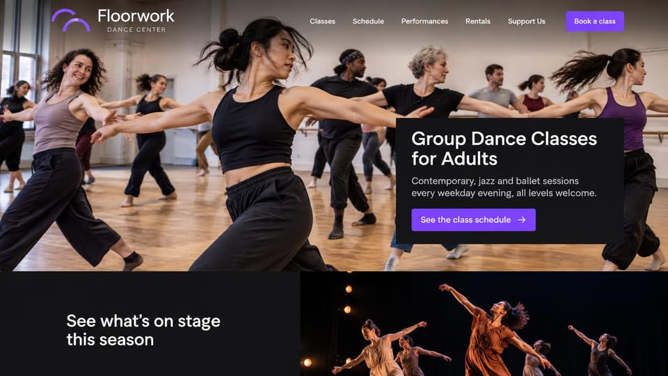 Dance studio website design, adult group classes with a stage section: bright photo of adults dancing in a studio, a dark card with a purple button, a dark band below with a stage photo