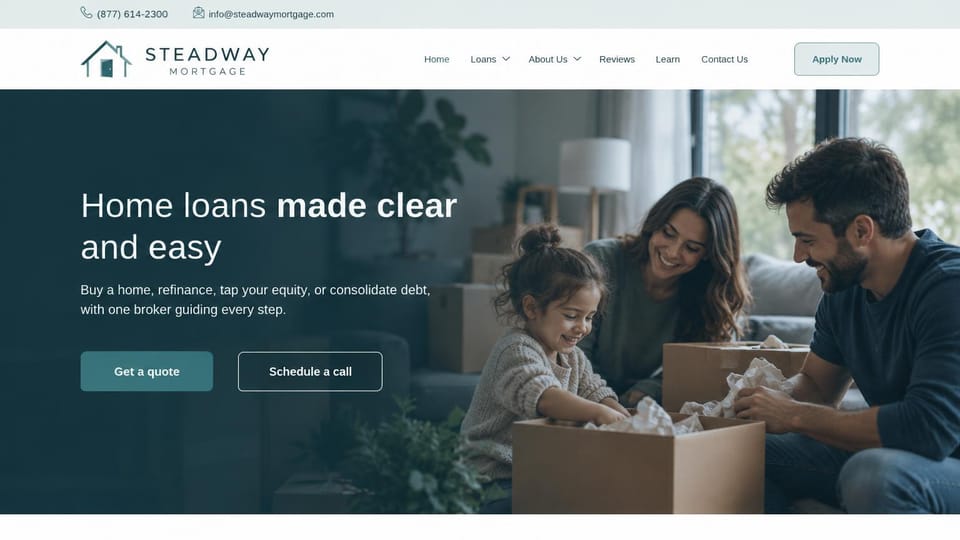 Mortgage website design, broker for every kind of home loan, in calm teal: white header with a roofline mark, a dark teal overlay on a family unpacking boxes in a living room, a white headline, a teal quote button and an outlined call button