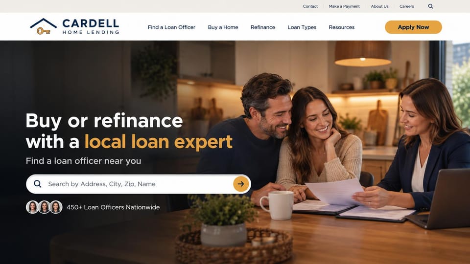 Mortgage website design, multi-branch lender with a loan officer search: white header with a key logo, a couple and loan officer at a kitchen table, a white search bar and a gold apply button