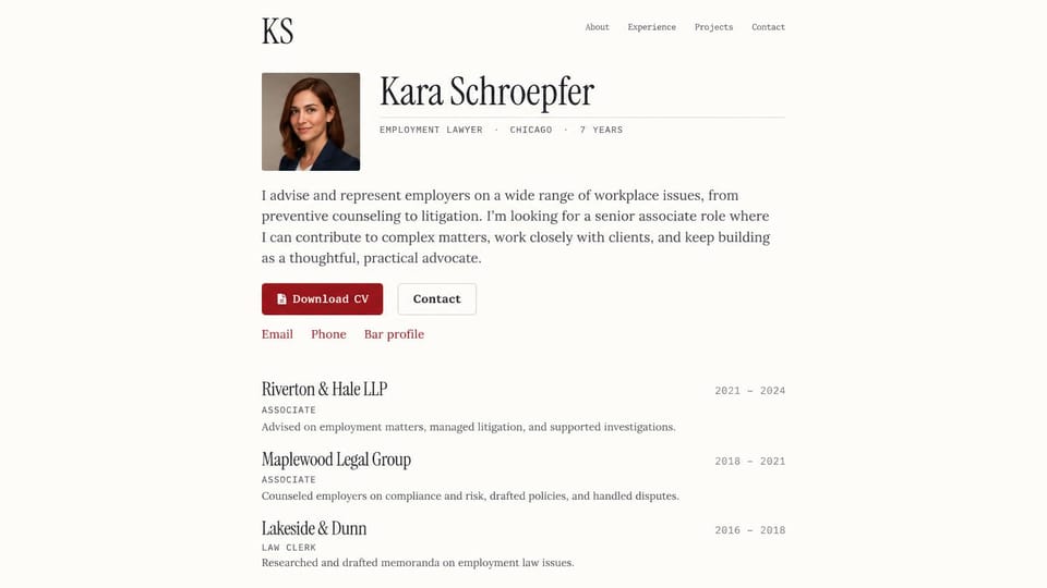 Resume website design, employment lawyer with a classic one-column CV: ivory page, a small headshot of a woman, a large charcoal serif name, monospace details, a burgundy download CV button and a dated list of firms
