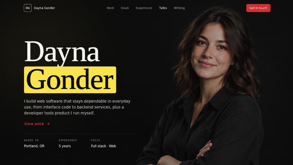 Developer portfolio website design, full-stack web developer with a highlighted surname: near-black page, a large white serif name with the surname on a yellow block, a red view work link, a red get in touch button and a portrait of a smiling woman with crossed arms fading into the dark