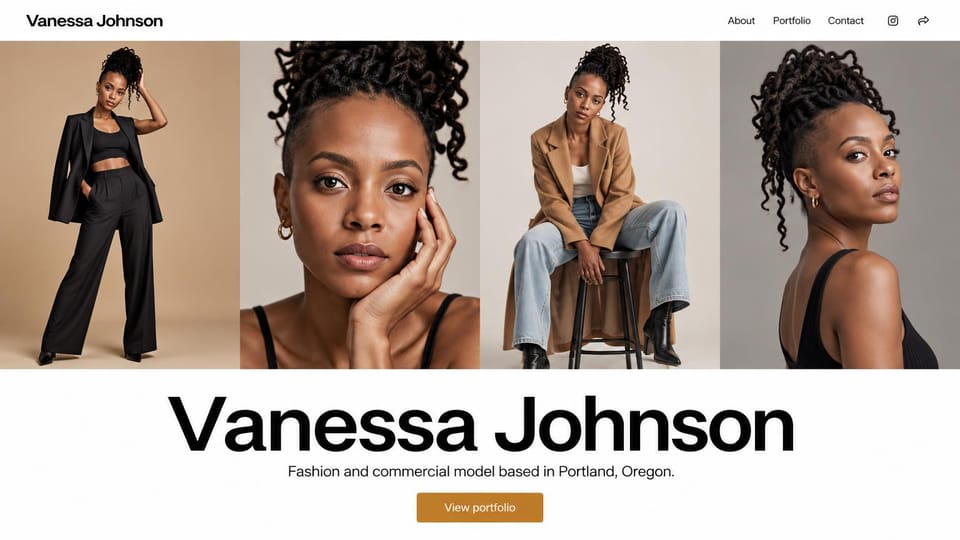 Model portfolio website design, commercial model with a four-photo strip: white page, a strip of four photos of a woman in different looks, a huge black name and a gold button