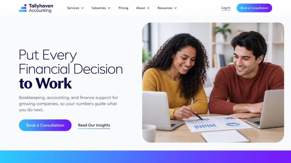 Accounting website design, bookkeeping for growing companies with a rounded photo: white page, a navy headline in light and bold sans, a cyan to violet gradient button and a rounded photo of two smiling people in sweaters reviewing charts beside their laptops