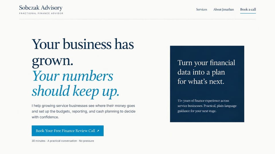 Consulting website design, fractional finance advisor with a navy panel: off-white page, a navy serif headline with a teal italic line, a blue call button and a navy text panel, no photos