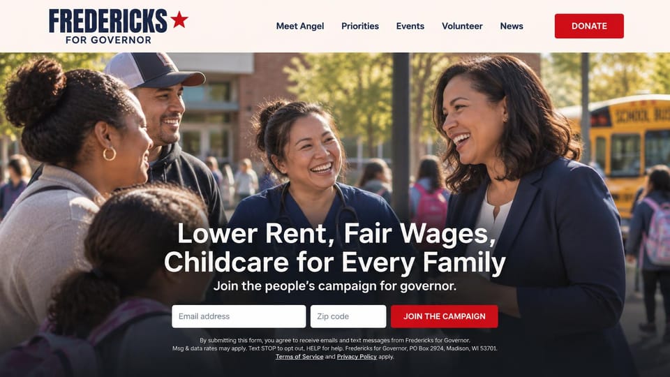 Political campaign website design, governor's race with a centered signup: cream header with a red star, a woman laughing with parents near a school bus, a centered white headline and signup form