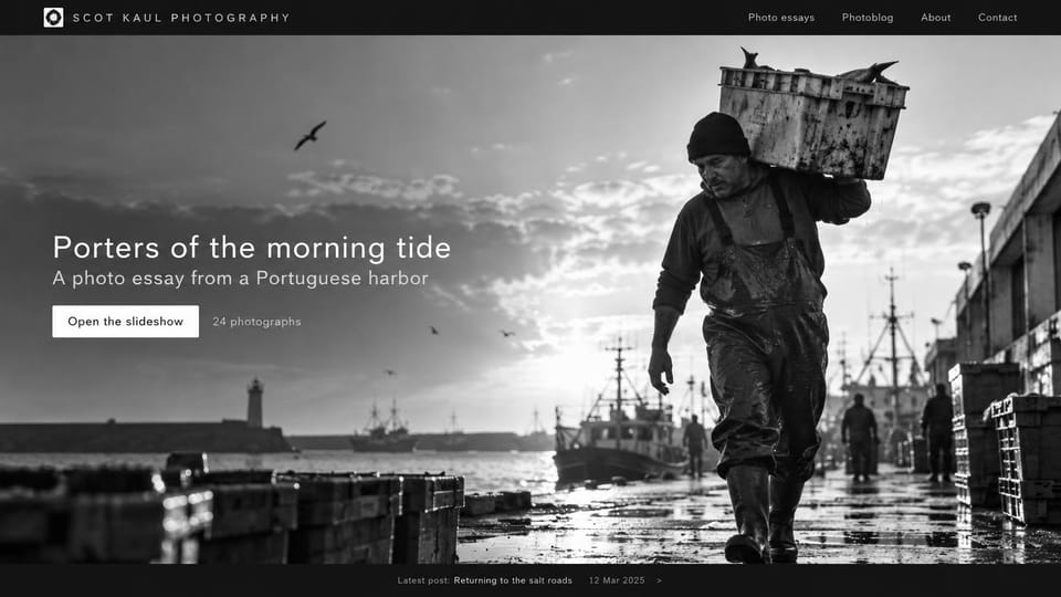 Photography website design, documentary photo essay up front: a black and white photo of a harbor porter carrying a crate, the essay title and a slideshow button on the left
