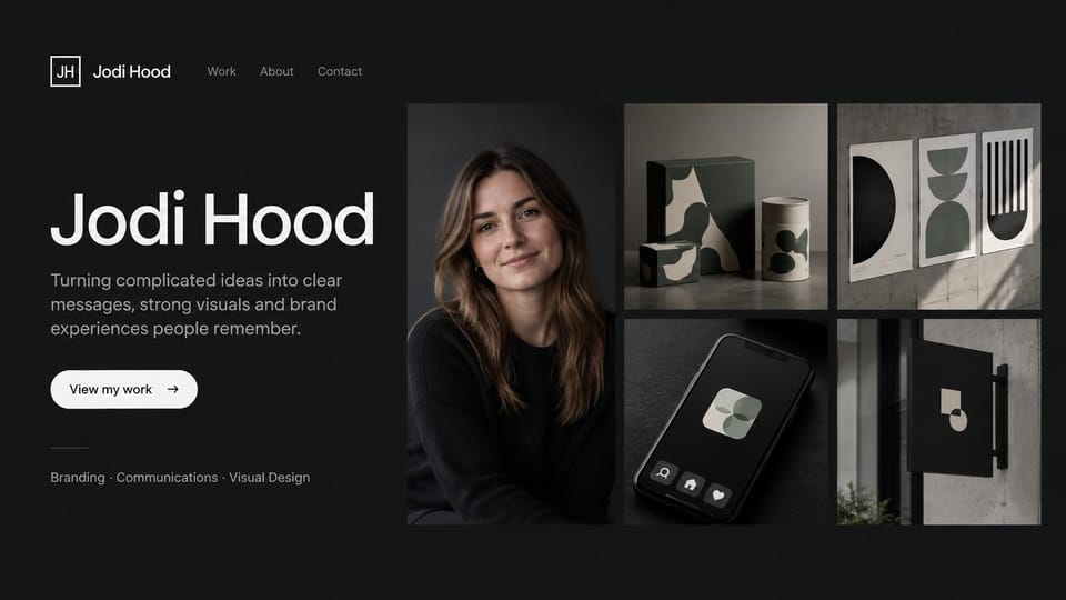 Student portfolio website design, branding portfolio with a dark image grid: charcoal page, a large white name, a white button, a portrait and four photos of packaging, posters, an app and a sign