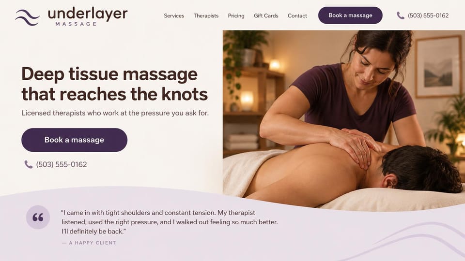 Massage therapist website design, deep tissue massage with a client quote: cream page, a bold plum headline, a plum button, a therapist working on a man's shoulders and a lilac quote band