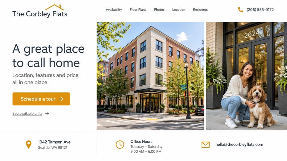 Apartment website design, corner brick building with a dog photo and office hours: white page, a dark gray headline, a gold tour button, a brick and stone corner building, a woman crouching with her dog by a glass door and a strip with address, hours and email