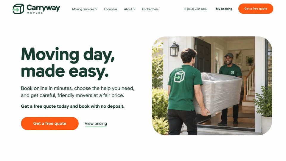 Moving company website design, home moves, light and friendly in green: white page, a large deep green headline, an orange quote button, a rounded photo of two movers in green shirts carrying a wrapped chair through a doorway