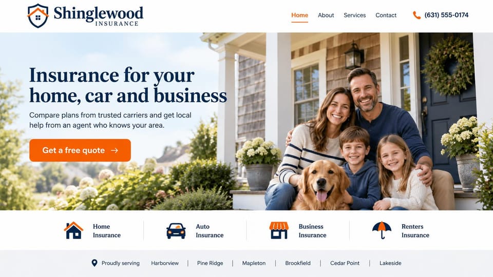 Insurance agency website design, home, auto and renters coverage with a family on the porch: white header, a navy serif headline over a bright porch photo of a family with a golden retriever, an orange quote button and four coverage icons