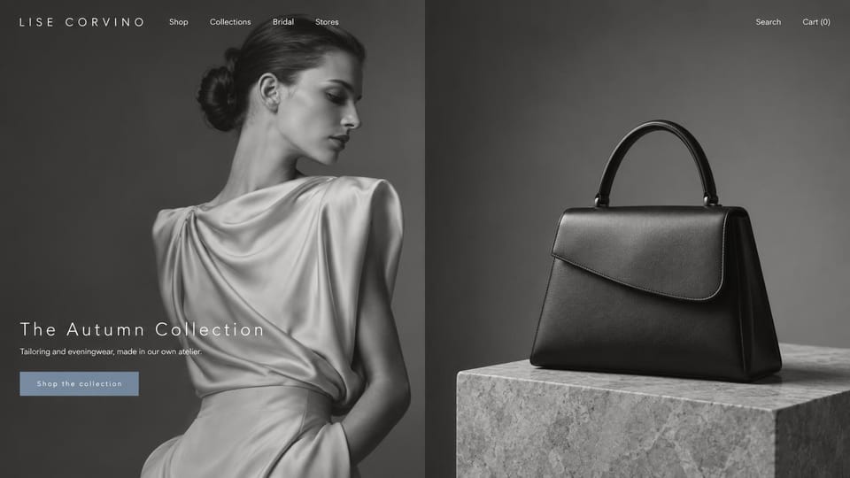 Fashion website design, eveningwear and handbags in a monochrome split: black-and-white split of a woman in a draped satin top and a black top-handle bag on a stone plinth, a spaced logo, a white headline and a small gray-blue button