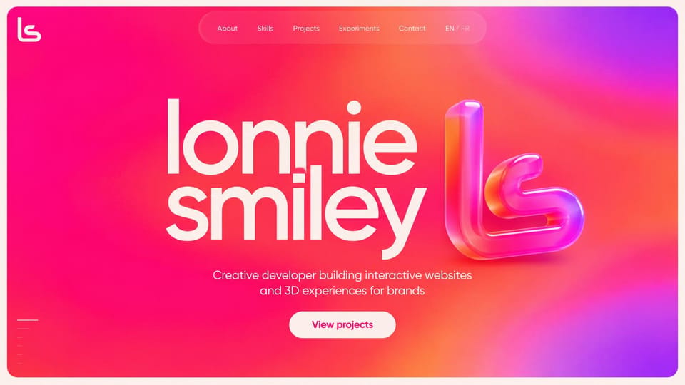 Developer portfolio website design, creative developer in a hot gradient: pink, red and purple gradient, a giant white name beside a glossy 3D monogram and a white projects button