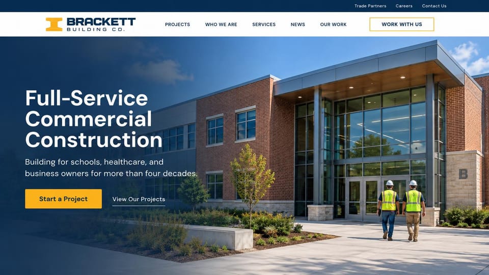 Construction website design, full-service commercial builder in daylight: navy and gold, a new brick and glass school in sunshine with two workers walking in, a bold white headline