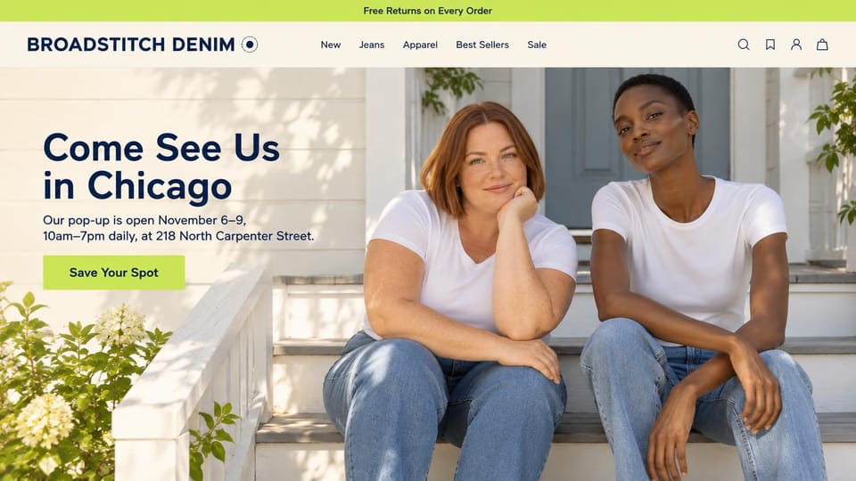 Fashion website design, denim brand pop-up with the dates up front: lime top bar, two women in white tees and jeans on a white porch, a bold navy headline and a lime button