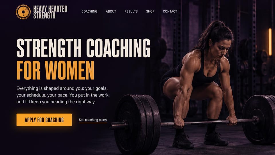 Personal trainer website design, strength coaching for women, dark and heavy: purple-black page, a huge condensed white and orange headline, an orange apply button, a muscular woman setting up a barbell deadlift