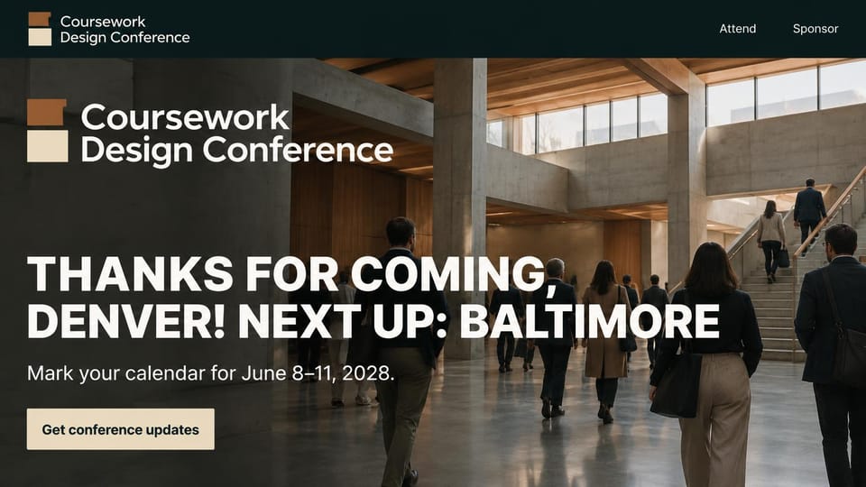 Event website design, design conference that thanks its last host city: dark green bar, photo of attendees walking through a sunlit concrete and wood atrium, large white capital headline, cream updates button