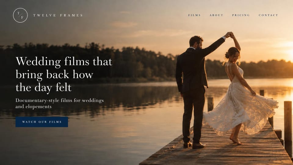 Videographer website design, wedding and elopement films at golden hour: golden sunset over a lake, a couple twirling on a wooden dock, white serif headline, navy button, spaced serif menu