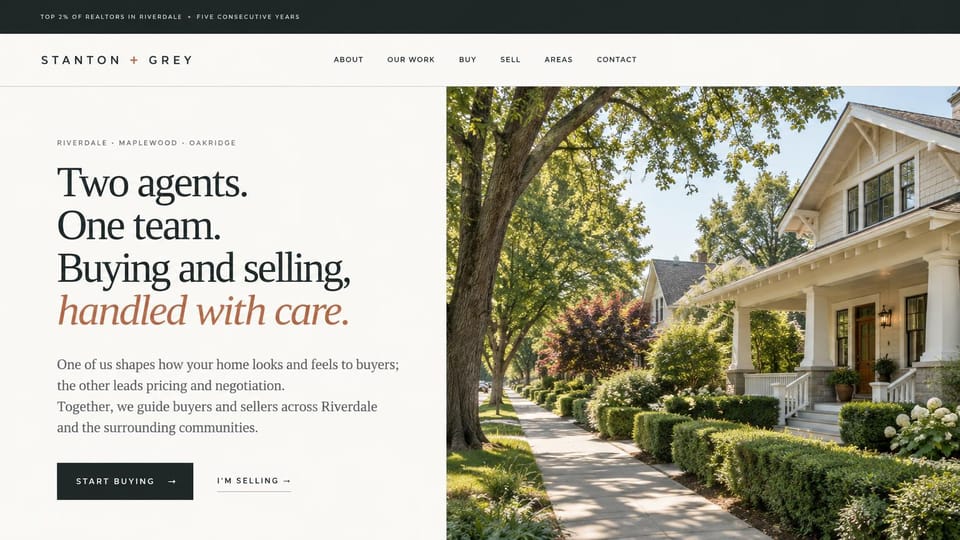 Real estate website design, two-agent team with a front porch: ivory page, a serif headline with an italic terracotta line beside a craftsman porch on a tree-lined street