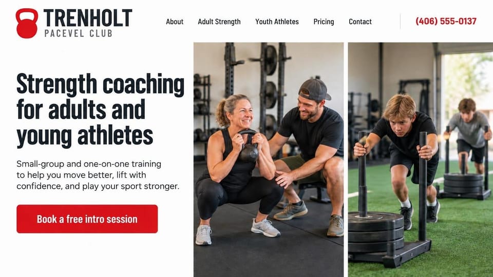 Personal trainer website design, barbell club for adults and teen athletes, side by side: white page, a bold condensed black headline, a red intro session button, two tall photos of a coach with a woman holding a kettlebell and teenagers pushing sleds on turf