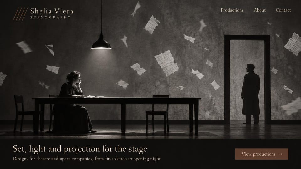 One page website design, theatre designer with a cinematic still: dark theatrical scene of a woman at a table and a man in a doorway with flying papers, serif caption, brown button