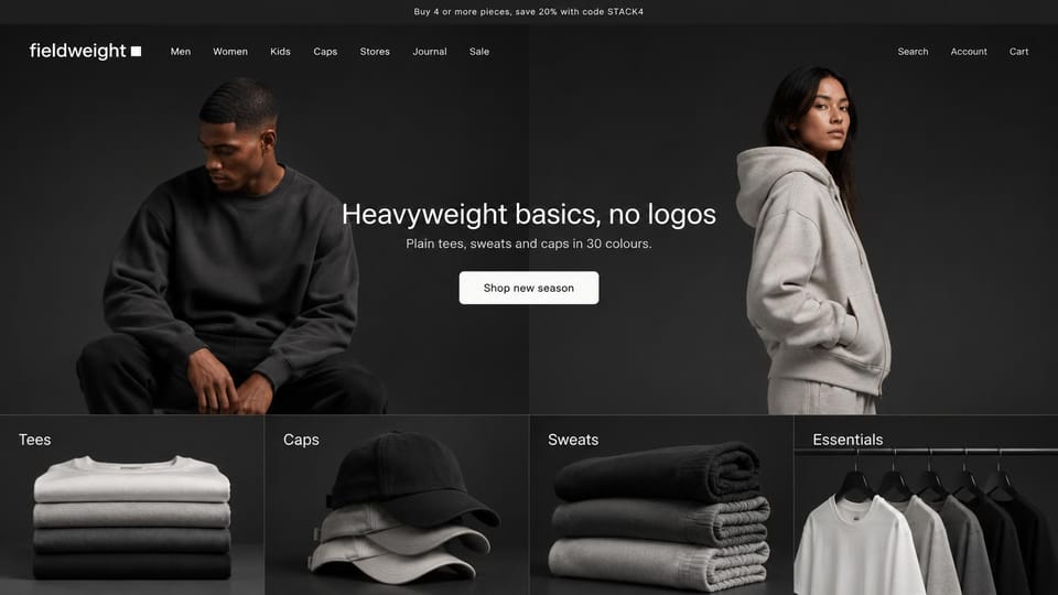 Landing page website design, plain basics on charcoal with category tiles: charcoal page, a man in a black sweatshirt and a woman in a gray hoodie either side of a centered headline, four category tiles below